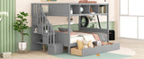 Twin over Full Bunk Bed with Shelfs, Storage Staircase and 2 Drawers, Gray - Home Elegance USA