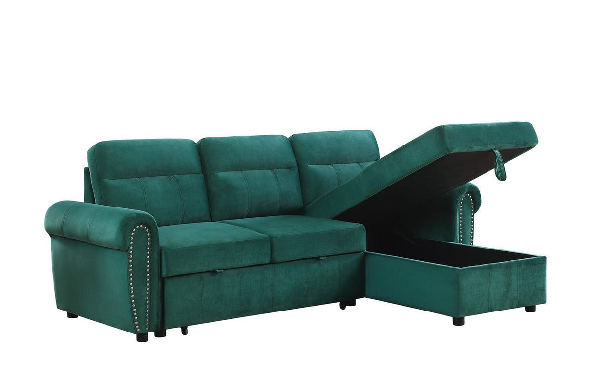 Ashton Green Velvet Fabric Reversible Sleeper Sectional Sofa Chaise | Home Elegance USA