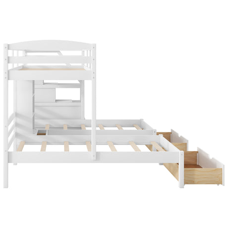 Twin over Twin&Twin Bunk Bed, Triple Bunk Bed with Drawers, Staircase with Storage, Built-in Shelves, White - sold by Home Elegance USA