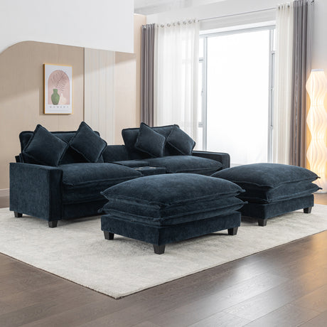 Contemporary Chenille Upholstered Sectional Sofa with Ottomans, USB Ports, Cup Holders & Storage, Blue - sold by Home Elegance USA