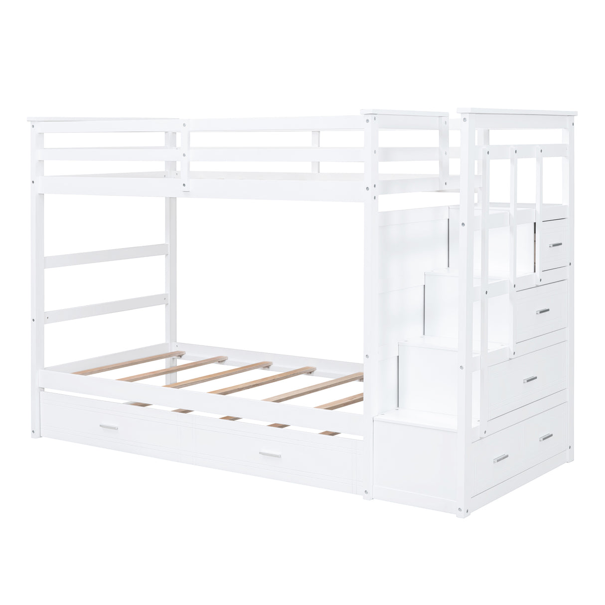 Twin Over Twin Bunk Bed with Trundle and Staircase,White(OLD SKU:LT000068AAK) - Home Elegance USA