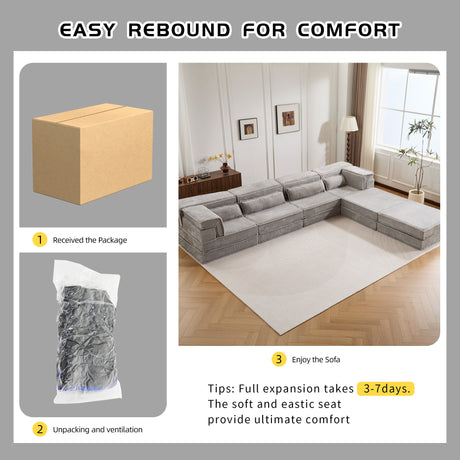 Compression Mahjong Sofa,Convertible Floor Sofa Bed,DIY Boneless Modular Sectional Sofa,No Assembly Required,Circle fleece fabric,Oversized 4 Seater with 2 Ottoman,Light-grey - sold by Home Elegance USA