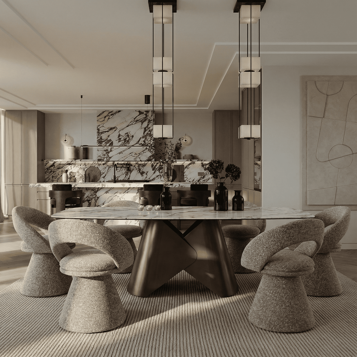 Chiswell - Contemporary White Ceramic + Brushed Brass Dining Table - View Image 1