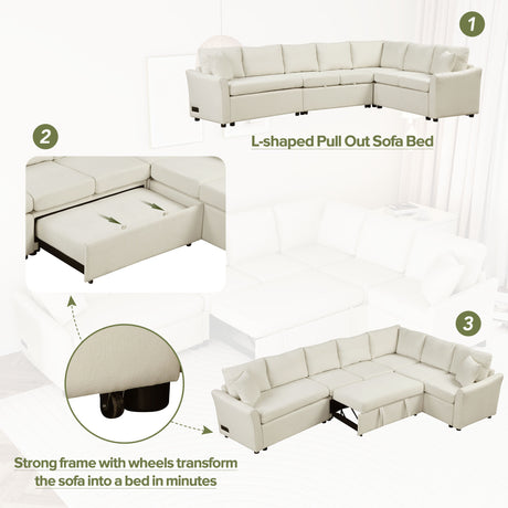 L-shaped Convertible Sofa Bed with USB Ports and Power Sockets, Beige Chenille Fabric, 124.8' Length - sold by Home Elegance USA