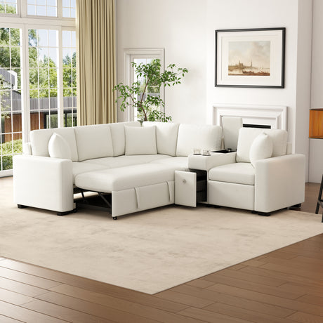 120.5' L-shaped Convertible Sofa Bed Modular Sectional Sofa Reversible Sleeper with Pull-Out Bed, Cup Holders, and Ample Storage Space for Living Room(Old SKU:N719S001940K), White - sold by Home Elegance USA