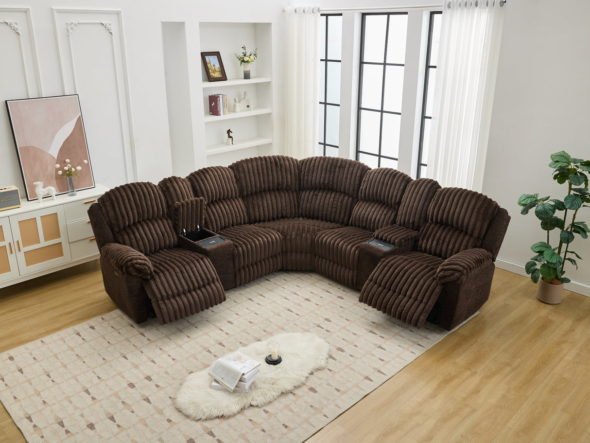 M083 Power Reclining Sectional Sofa Couches with wireless charger,hidden cupholders brown