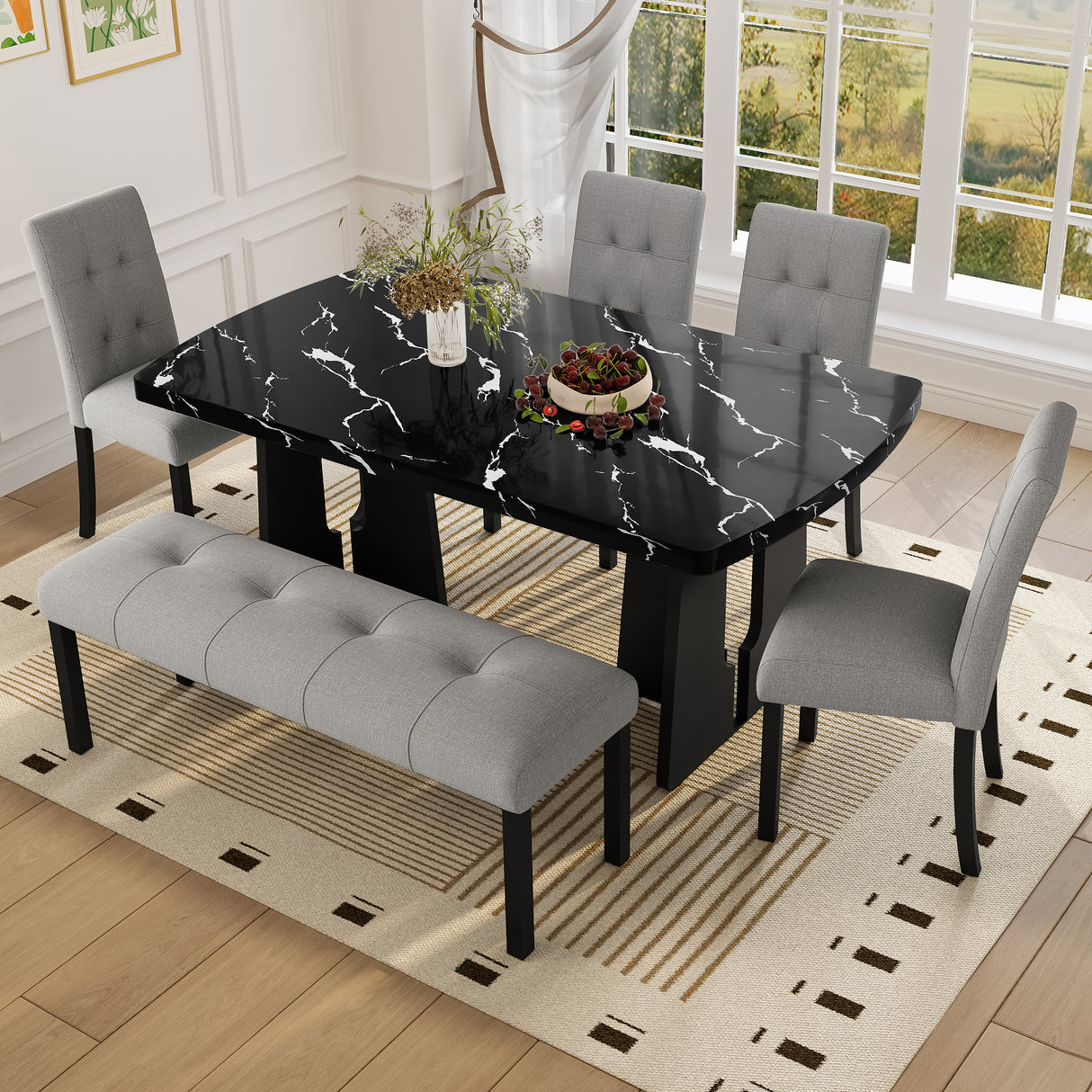 Juego de mesa de comedor moderna de 6 piezas, mesa de comedor de 16 m de imitación de mármol con patas geométricas, 4 sillas tapizadas y 1 banco, ideal para comedor o cocina, fácil de montar, color negro y gris.