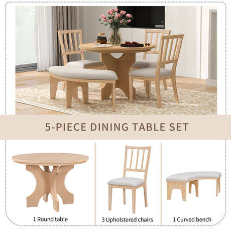 TREXM 5-piece Rustic Charm Round Dining Set with 3 Upholstered Chairs and Curved Bench for Dining Room, Kitchen and Living Room (Natural) - sold by Home Elegance USA