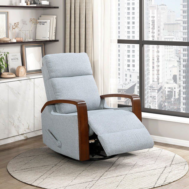 New Luxurious Swivel Glider Reclining Chair Gray Boucle Fabric Upholstery Comfortable Brown Finish Wooden Arms Living Room Furniture 1pc
