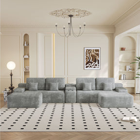 150''Width 5-piece Sectional Sofa with 2 Ottomans,Comfy U-shaped Sofa Couch for Living Room,Light Grey Plush Corduroy Fabric - sold by Home Elegance USA