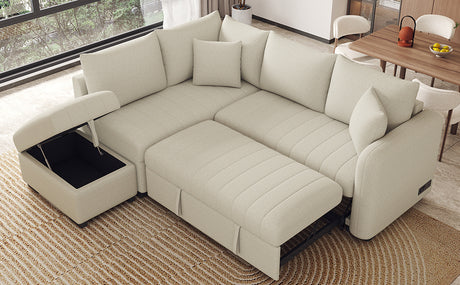 Modern L-shaped Sectional Pull Out Sofa Bed with USB Ports and Storage Ottoman, Beige, Jacquard Fabric, 82.6' - sold by Home Elegance USA