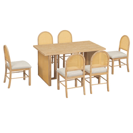 TREXM 7-Piece Farmhouse Dining Table Set for 6 - 59.8' Rectangular Dining Table with Distressed Oak Veneer and 6 Rattan Chairs, Rustic Kitchen Furniture for Dining Room(Natural) - sold by Home Elegance USA