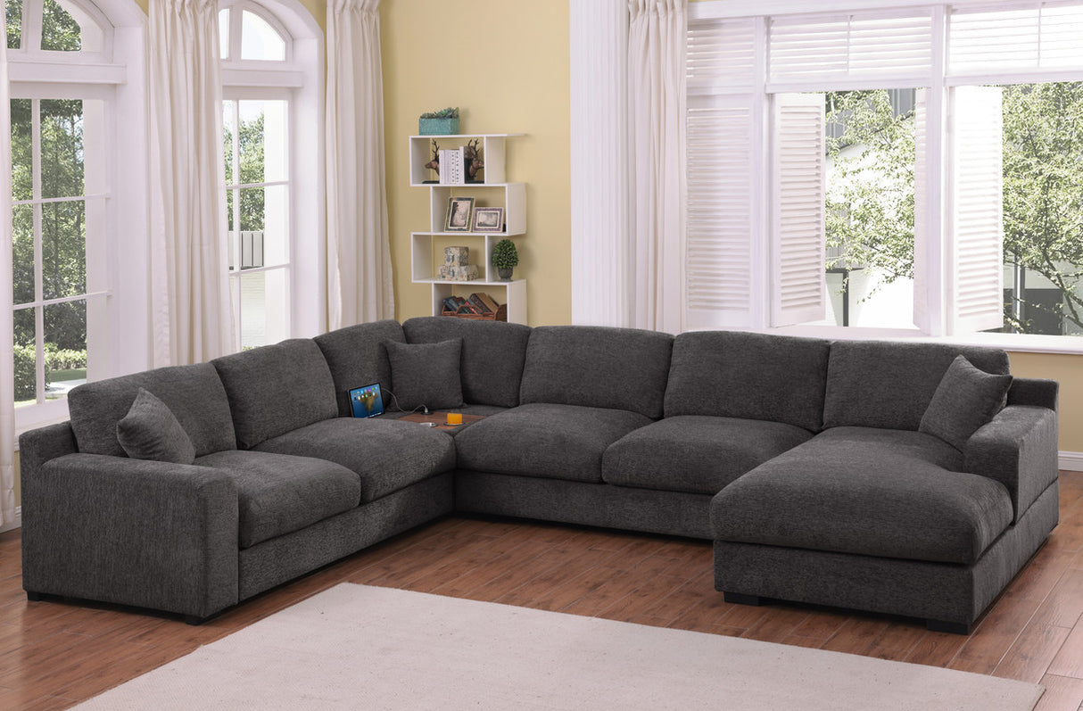 Chiara 128'W Gray Chenille Fabric Corner Sectional Sofa with Right-Facing Chaise, Cupholders, and Charging Ports