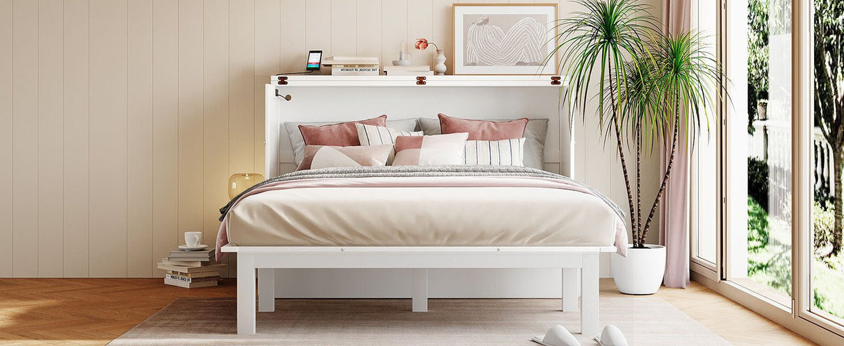 Queen Size Murphy Bed with USB Port and removable Shelves on Each Side,White - Home Elegance USA