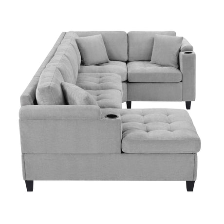 Modern U-shaped Sectional Sofa 115.7' Corner Living Room Couch with Built-in Cup Holders, Storage, USB Ports in Light Grey Chenille Fabric - sold by Home Elegance USA