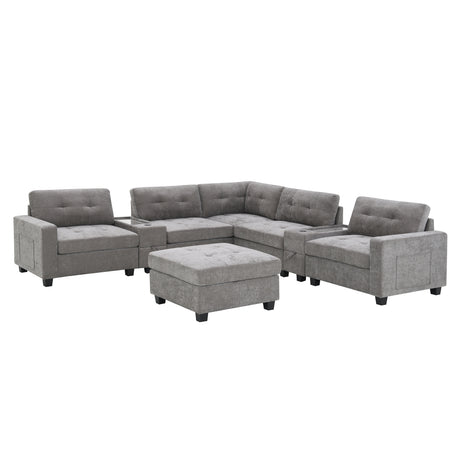 Modern Chenille U-Shaped Sectional Sofa with Acrylic Table Top, USB Charger, Storage Drawers, and Movable Ottoman in Gray - sold by Home Elegance USA