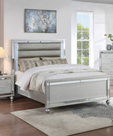 Eastern King Size 1pc Bed Built In LED Lights Glass Panel Round Gourd Legs Horizontal Tufting Silver Finish Bedroom Furniture