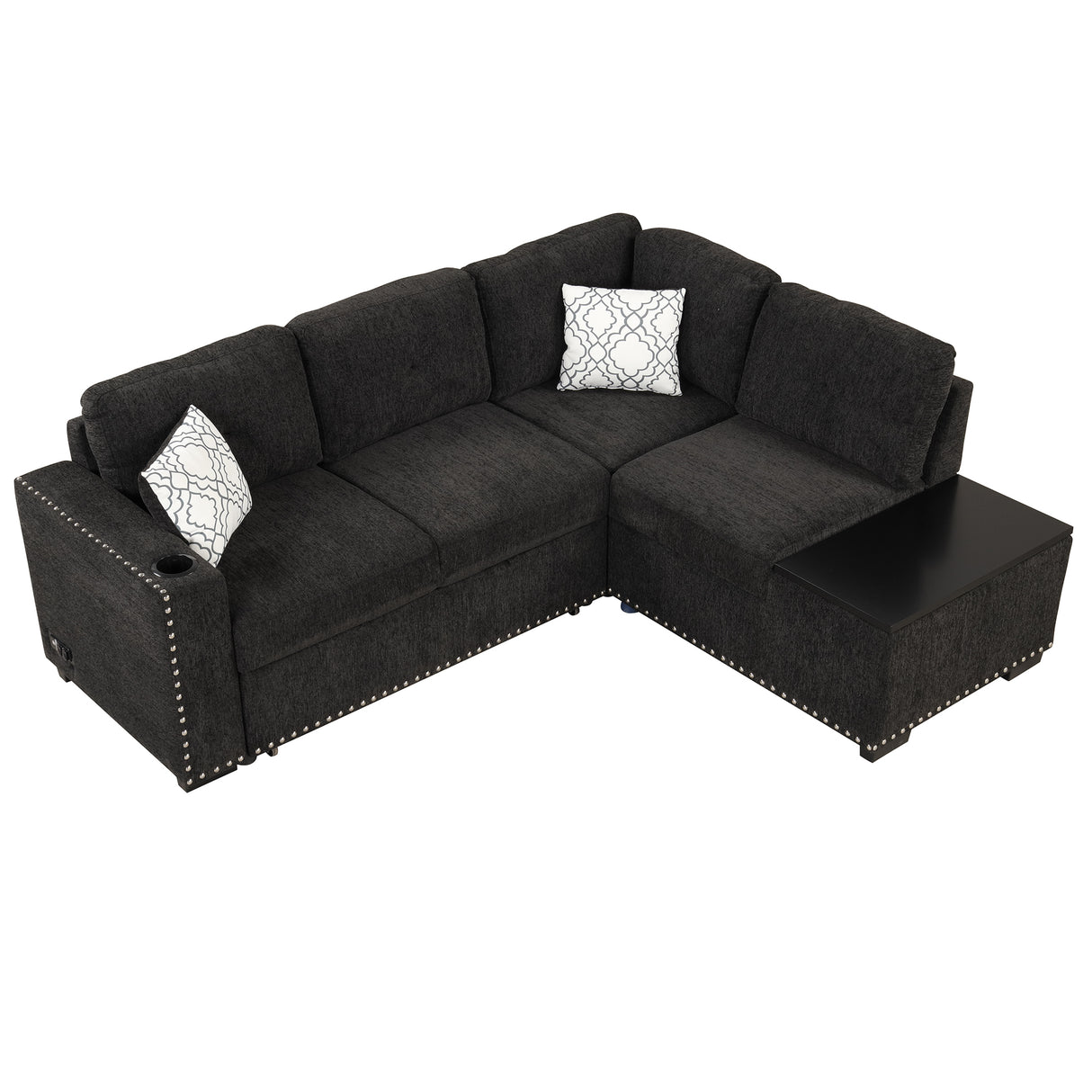 L-Shaped Reversible Sectional Sofa Bed with Storage - 83.8 inch, Pull-Out Couch, USB Ports, Power Outlets & Cup Holder, Black - Home Elegance USA