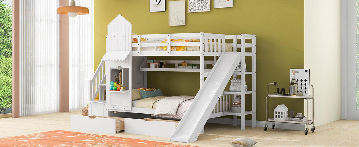 Twin-Over-Twin Castle Style Bunk Bed with 2 Drawers 3 Shelves and Slide - White - Home Elegance USA