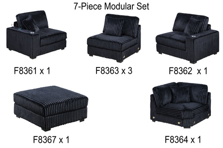 Contemporary Modern 7-PC Modular L-Sectional Sofa Set USB Cup Holder Black Corduroy Living Room Furniture Ottoman - sold by Home Elegance USA