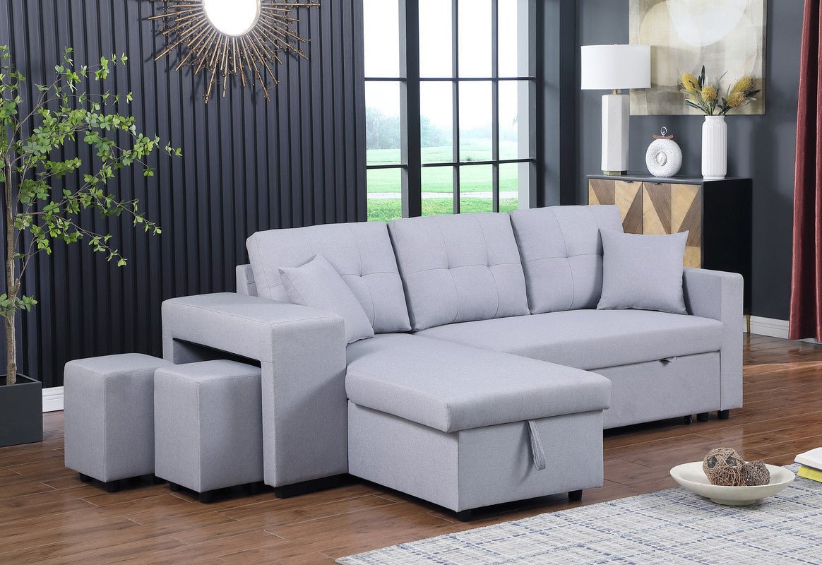 Dennis Light Gray Linen Fabric Reversible Sleeper Sectional with Storage Chaise and 2 Stools | Home Elegance USA