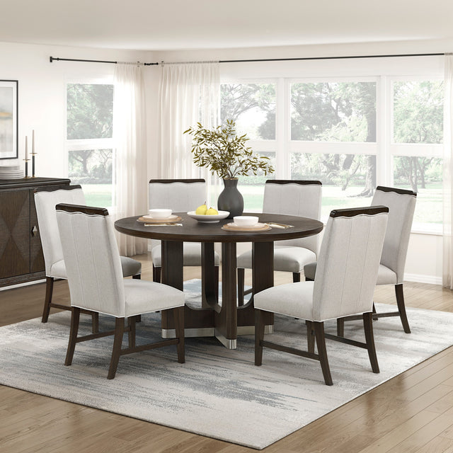 Modern Brown Finish Dining Set 7pcs Round Table and 6x Side Chairs Beige Upholstered Comfort Durable Metallic Accent Base Table Wooden Furniture