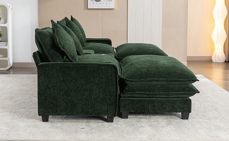 Chenille Upholstered 111' Sectional Sofa with Two Removable Ottomans, USB Ports, Cup Holders, and Storage, Green - sold by Home Elegance USA