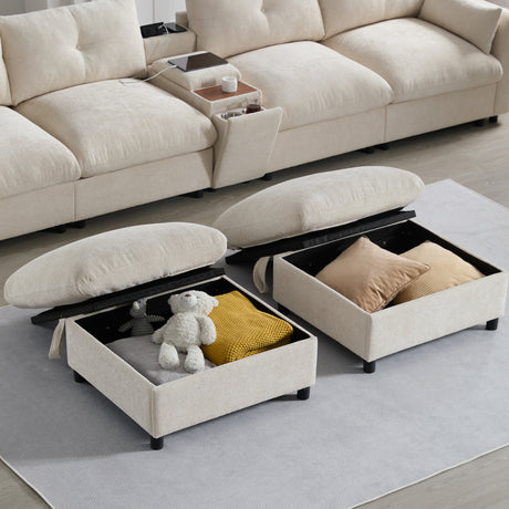 136'' Modular Sectional Sofa with Console, Cup Holder, USB Charger, Movable Storage Ottoman, Pull-line&Tufted Design, U-Shaped Oversized Chenille Sofa for Living Room&Apartment,2 Colors - sold by Home Elegance USA