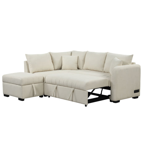Modern L-shaped Sectional Pull Out Sofa Bed with USB Ports and Storage Ottoman, Beige, Jacquard Fabric, 82.6' - sold by Home Elegance USA