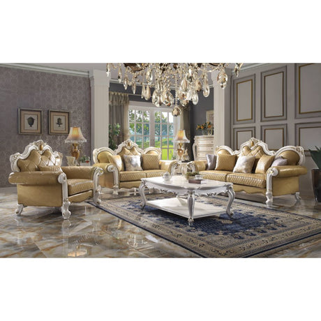 Acme - Picardy Sofa W/5 Pillows 58210 Butterscotch Synthetic Leather & Antique Pearl Finish