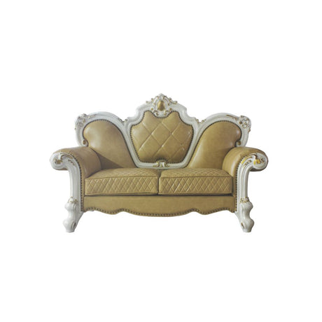 Acme - Picardy Loveseat W/3 Pillows 58211 Butterscotch Synthetic Leather & Antique Pearl Finish