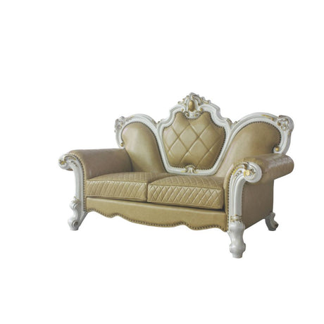 Acme - Picardy Loveseat W/3 Pillows 58211 Butterscotch Synthetic Leather & Antique Pearl Finish