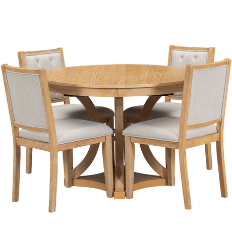 TREXM 5-Piece Retro Functional Dining Table Set Extendable Round Table and 4 Upholstered Chairs for Dining Room and Living Room (Natural) - sold by Home Elegance USA
