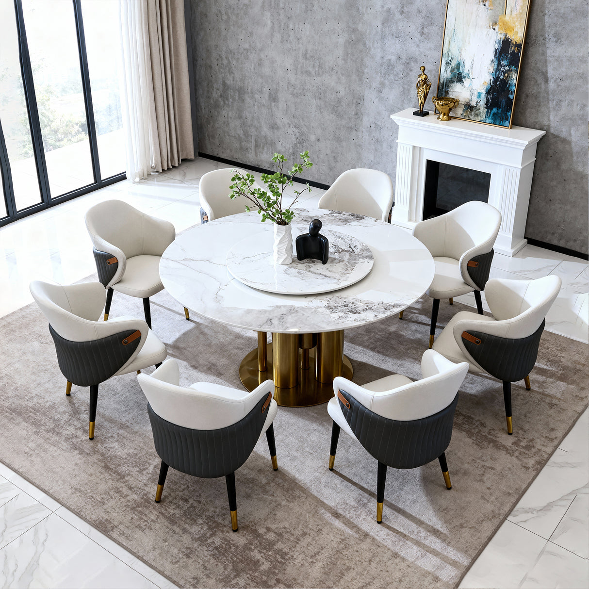 59' Round Dining Table with 360° Smooth Lazy Susan, Stain & Heat Resistant Sintered Stone Tabletop, Modern Minimalist Design for Kitchen, Dining Room, Compact Spaces(8 chairs)