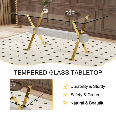 Table and chair set.Elegant Transparent Tempered Glass Dining Set - 71'x35.4' with 8 White PU Chairs with golden C-tube metal leg. - sold by Home Elegance USA