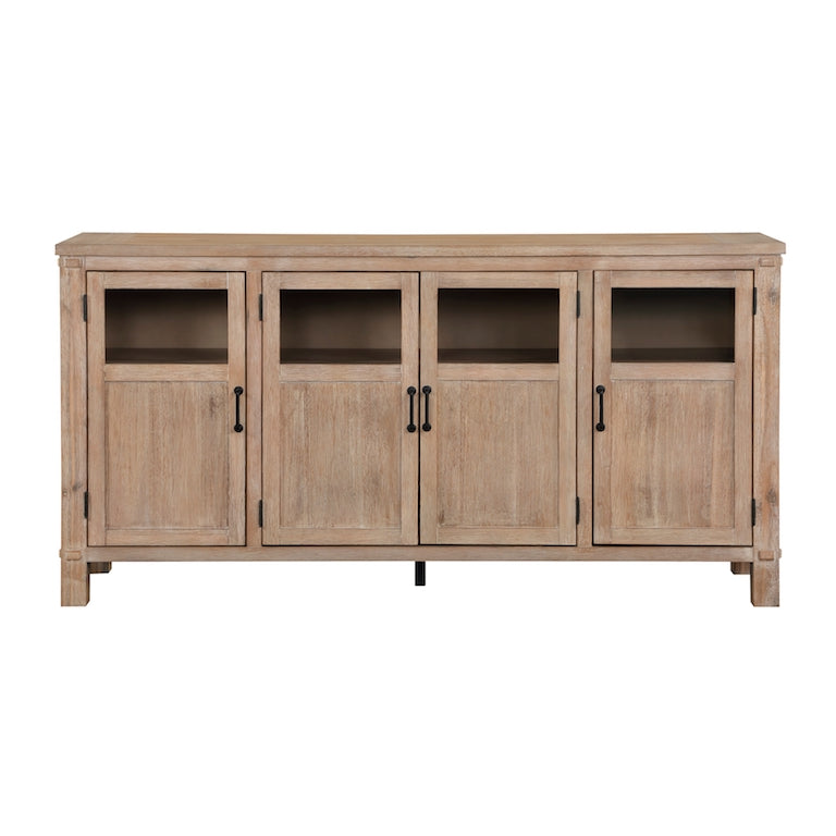 Wooden cabinet with glass doors on a white background