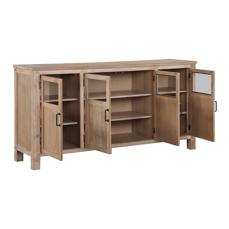 Wooden sideboard with open doors on a white background