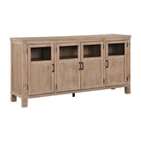 Wooden sideboard with four glass-paneled doors on a white background