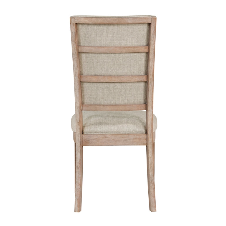 Wooden chair with fabric seat and backrest on a white background