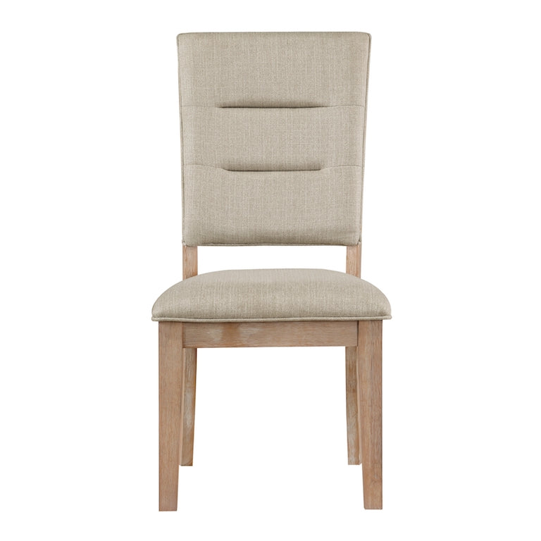 Beige upholstered chair with wooden frame on a white background