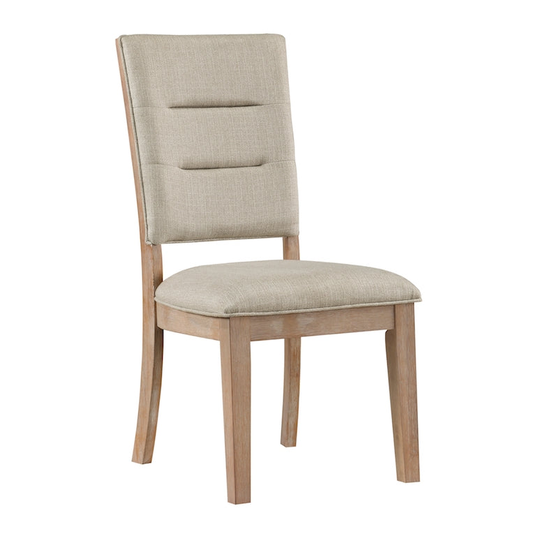 Beige upholstered chair with wooden frame on a white background