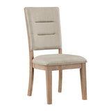Beige upholstered chair with wooden frame on a white background