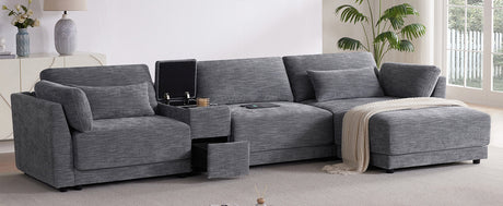 124'' L-Shaped Sectional Sofa with Multi-Functional Storage Console, Wired&Wireless Charger, Movable Ottoman, Wider&Thicker Cushion, Free Combination for Living Room&Apartment, Chenille - sold by Home Elegance USA