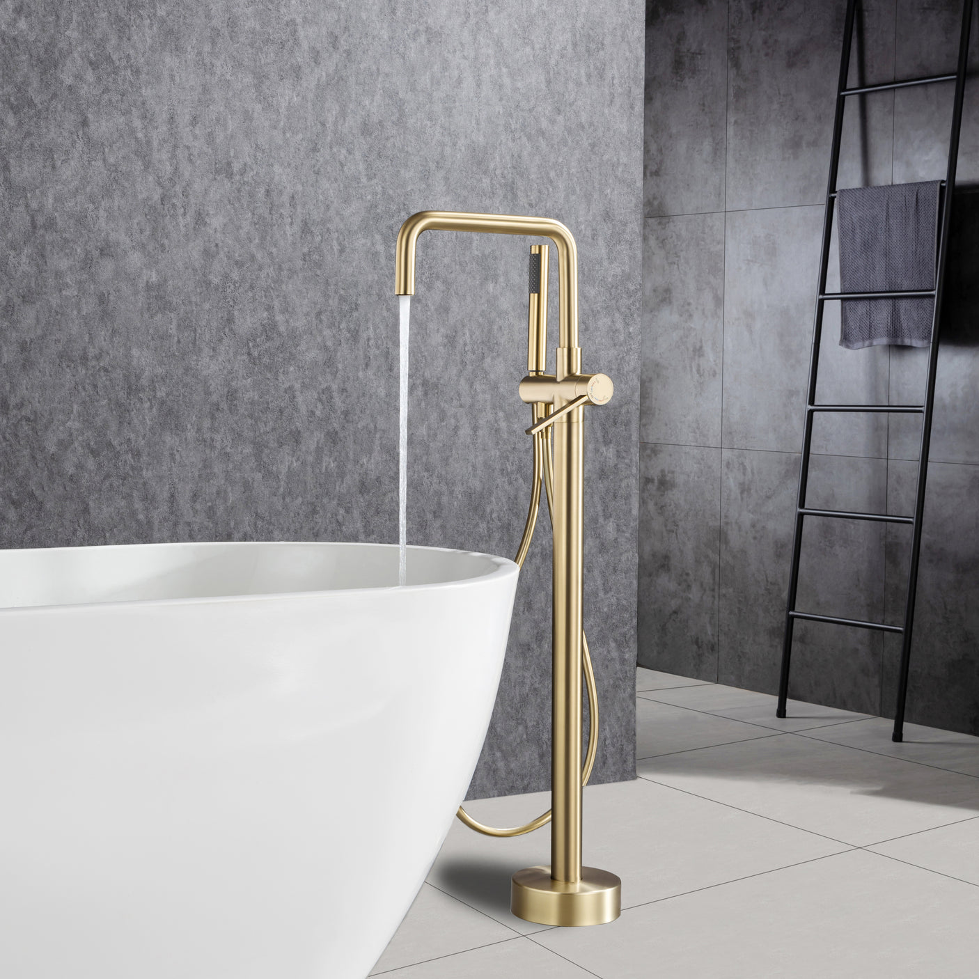 Freestanding Tub Filler Matte Black Bathtub Faucet Floor Mount Single Handle Brass Tub Faucets with Handheld Shower Swivel Spout