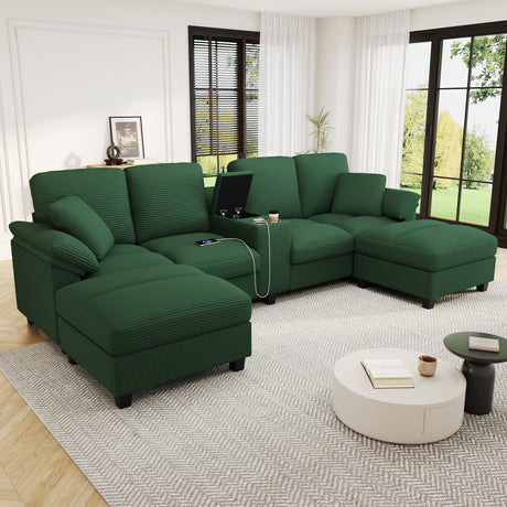 Modern Green U-shaped Sectional Sofa with Corduroy Upholstery, Hidden Storage Ottomans, USB Ports, and Cup Holders, 116.9' - sold by Home Elegance USA