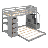 Twin Over Full Bunk Bed with 3-layer Shelves, Drawers and Storage Stairs, Gray - Home Elegance USA