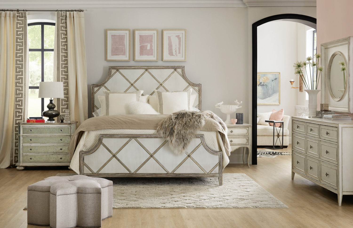 Sanctuary Diamont King Panel Bed by Hooker Furniture in Oak Veneers & Silver Fretwork