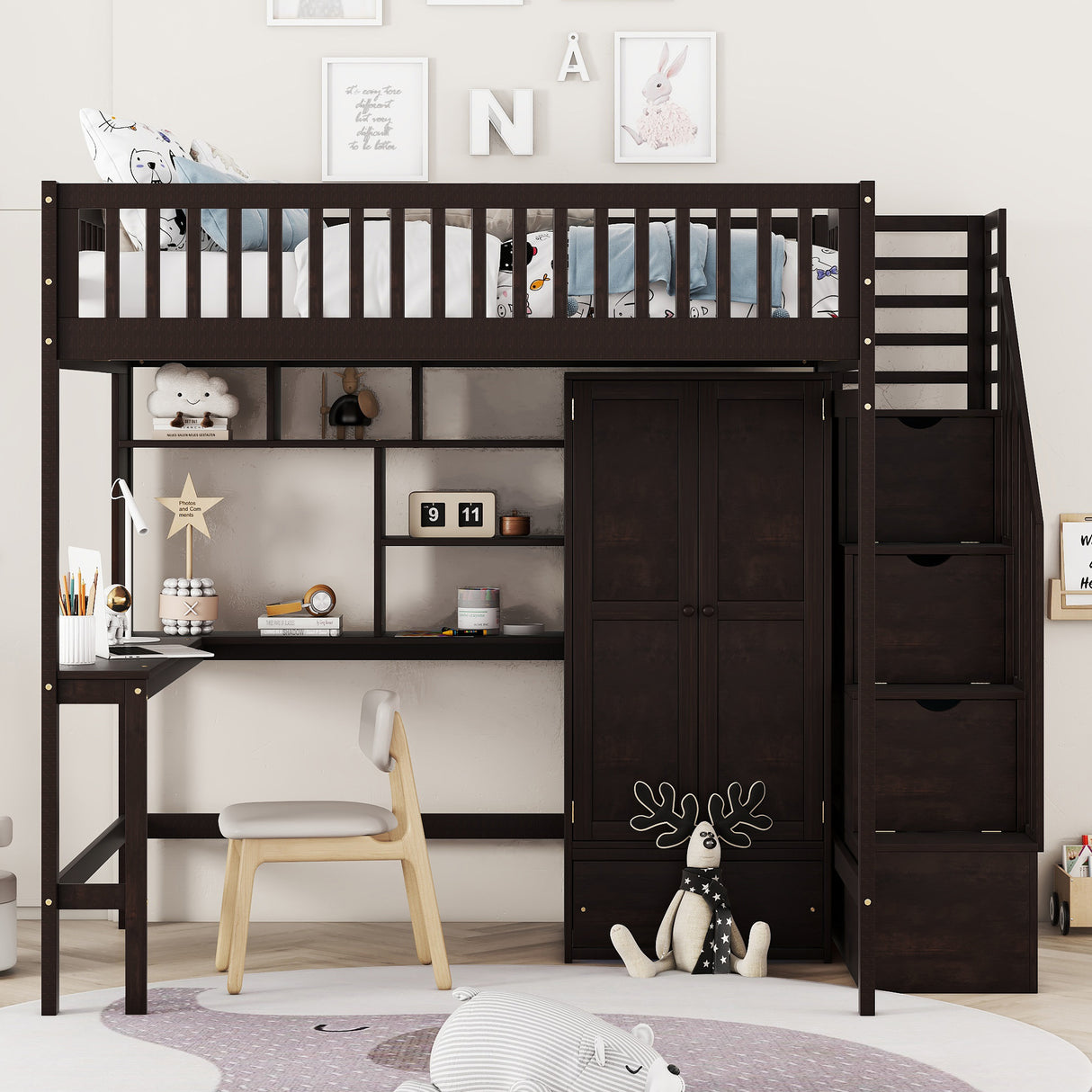 Full size Loft Bed with Bookshelf,Drawers,Desk,and Wardrobe-Espresso - Home Elegance USA