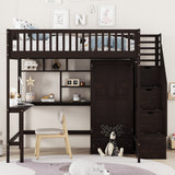 Full size Loft Bed with Bookshelf,Drawers,Desk,and Wardrobe-Espresso - Home Elegance USA