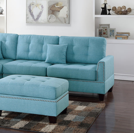 Modern Blue Color 3pcs Sectional Living Room Furniture Reversible Chaise Sofa And Ottoman Tufted Polyfiber Linen Like Fabric Cushion Couch Pillows - sold by Home Elegance USA